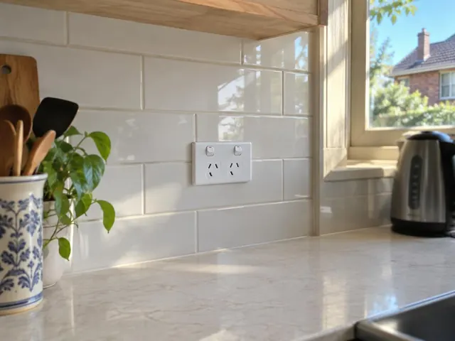 White double power point on tiled kitchen splashback beside a window in Naremburn