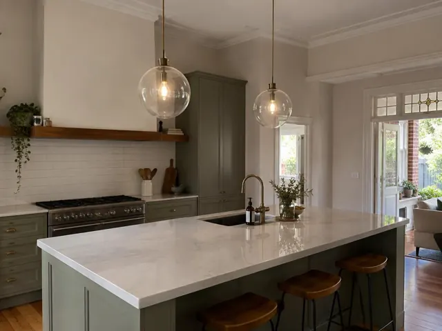 Kitchen island with two glass pendant lights over a stone benchtop in a modern home in Cammeray