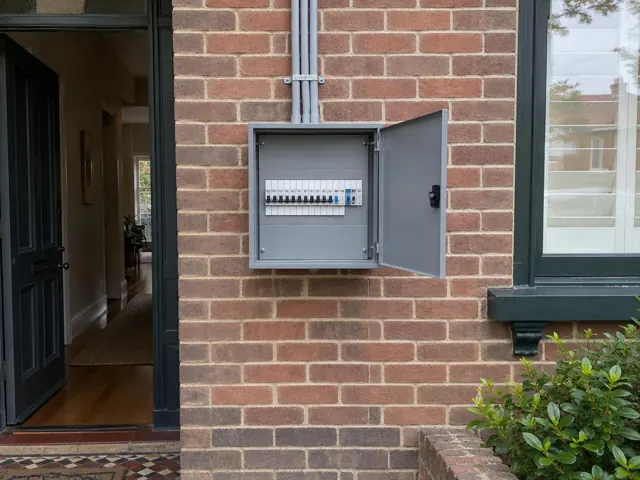 Open electrical switchboard on a brick exterior wall beside a doorway in North Sydney
